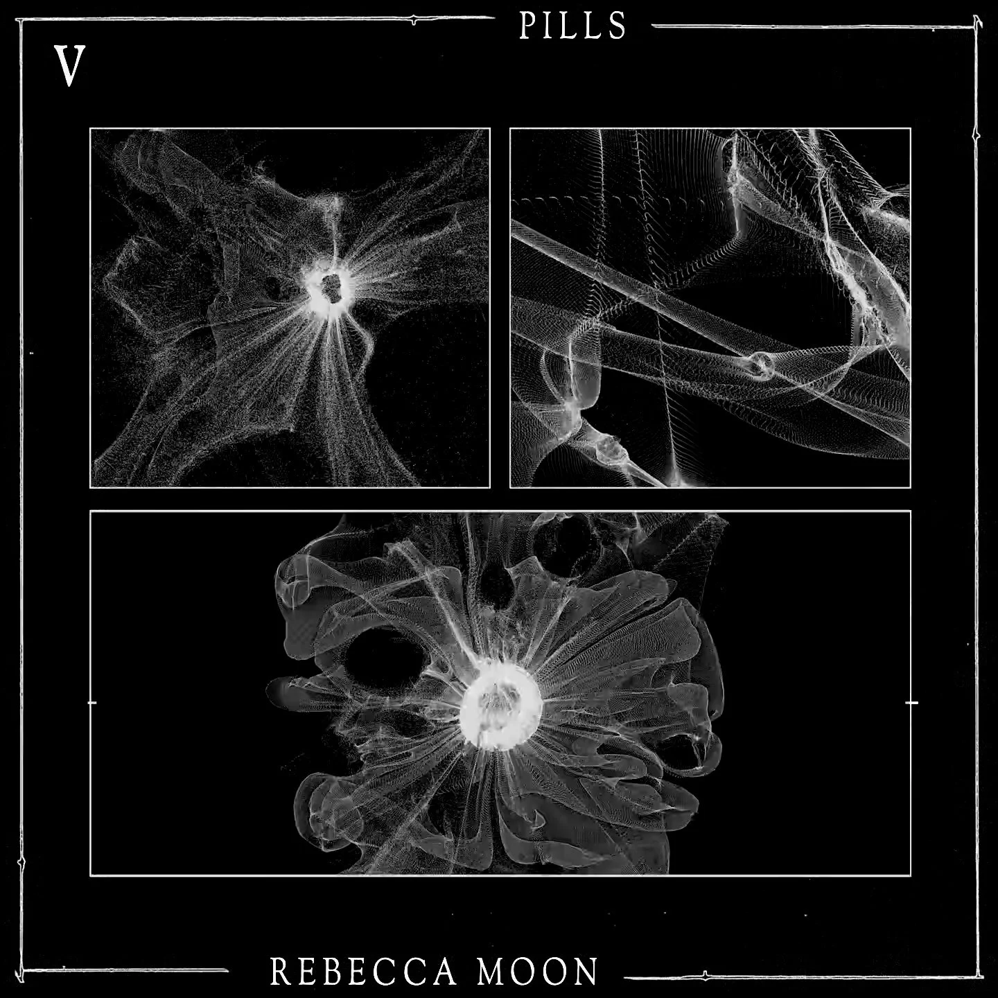 Trois images en noir et blanc de motifs abstraits ressemblant à des explosions ou des formes de lumière, avec le texte 'Pills' en haut, 'Rebecca Moon' en bas, et un cadre de style vintage.