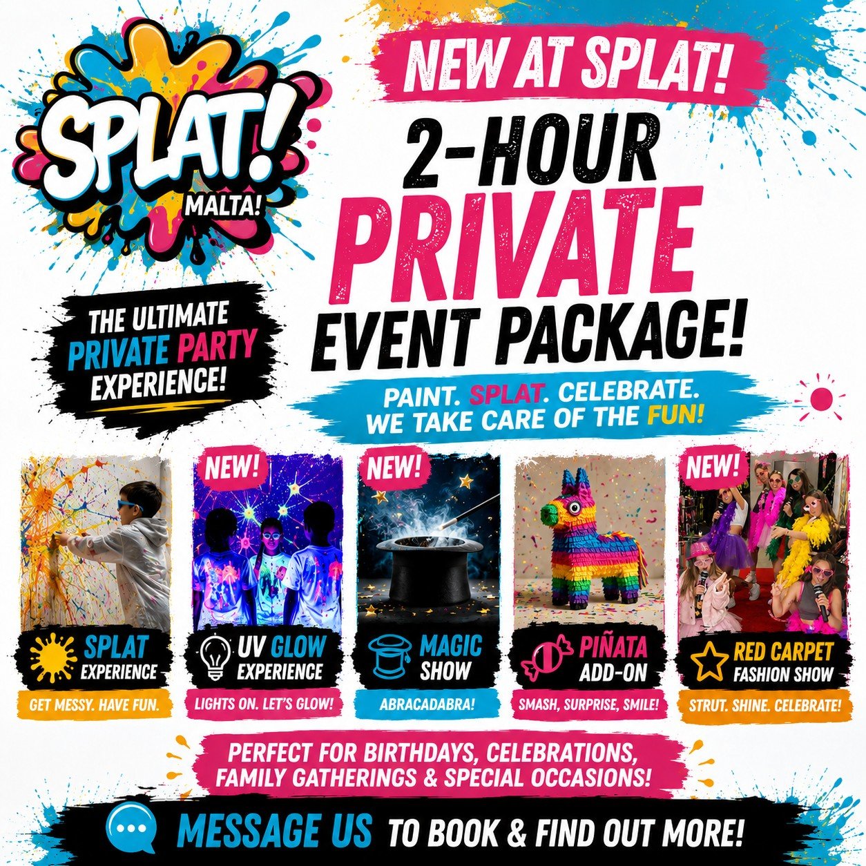 We've been busy working on something exciting... 🤩 Our brand-new Private Event Package is here! 🎉

Enjoy 2 hours of exclusive use of our studio and create a celebration that's completely unique. Starting off with a standard SPLAT! session and endin