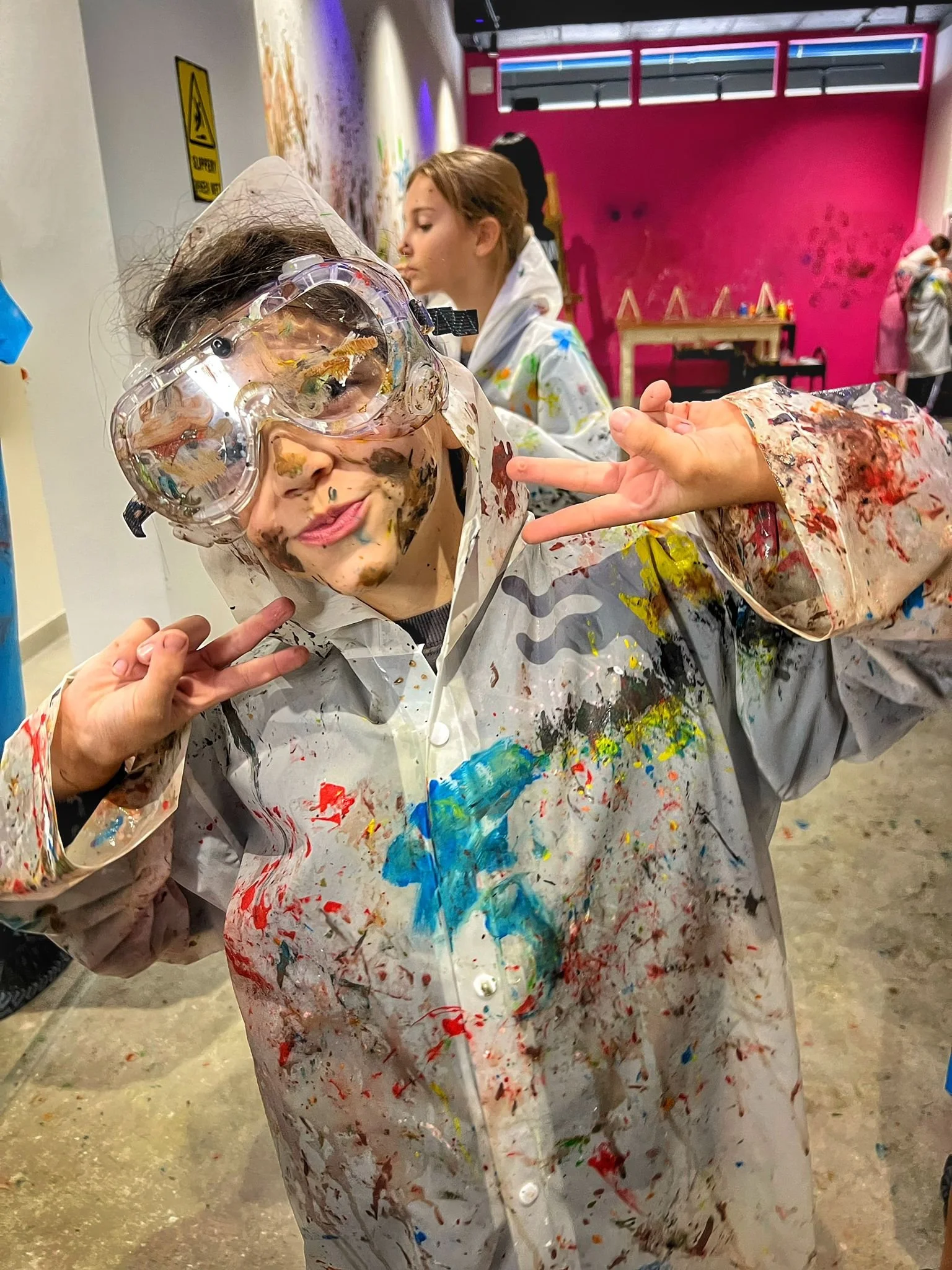 A child having fun at a SPLAT birthday party. Malta's paint-splatting studio in Attard.