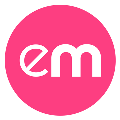 Pink circular logo with lowercase white letters 'em' centered.