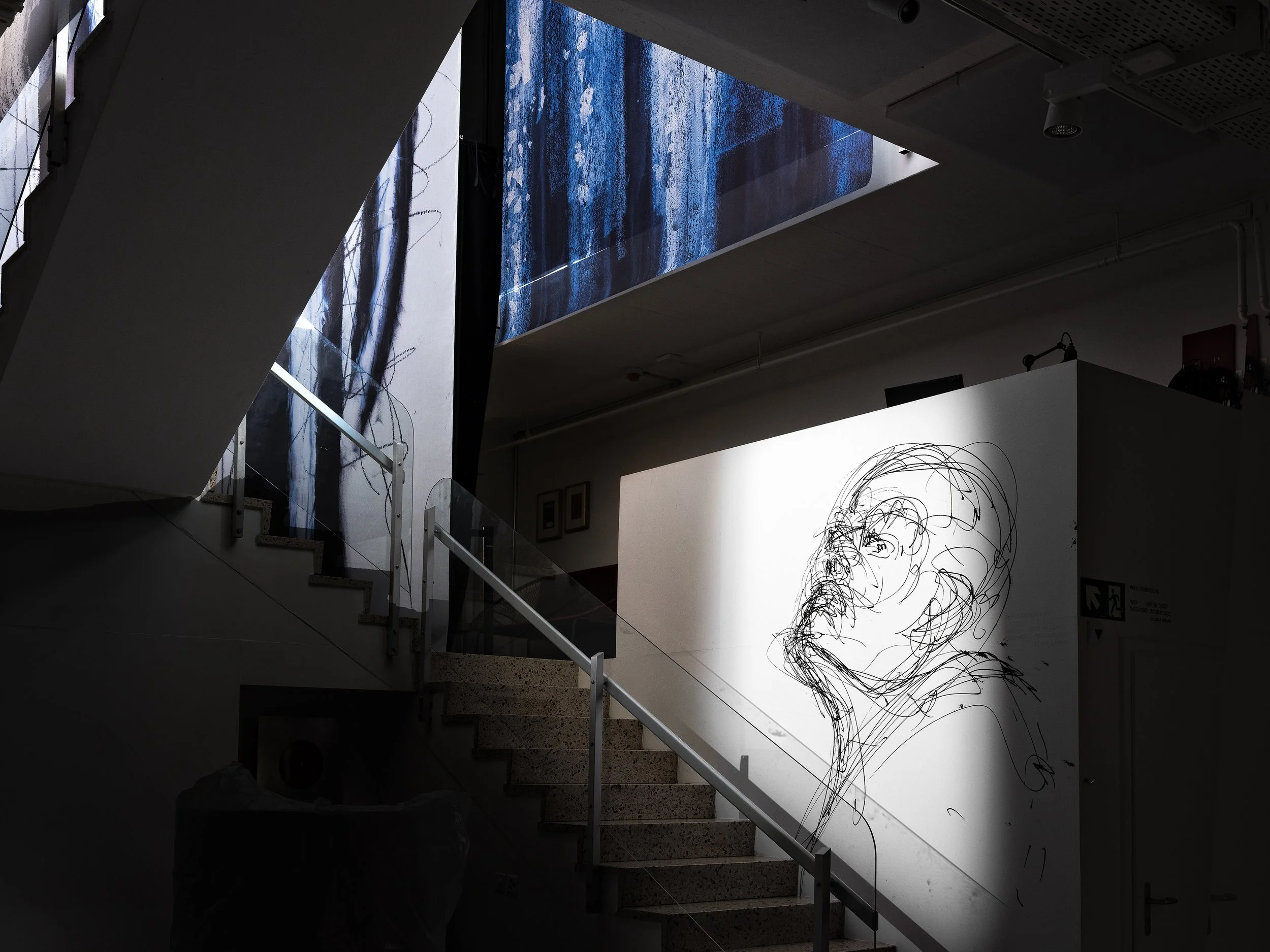 Une œuvre d'art abstraite dans une galerie, comprenant un dessin en lignes noires représentant un visage humain sur un panneau blanc, avec une lumière naturelle qui crée des ombres et accentue le contraste.