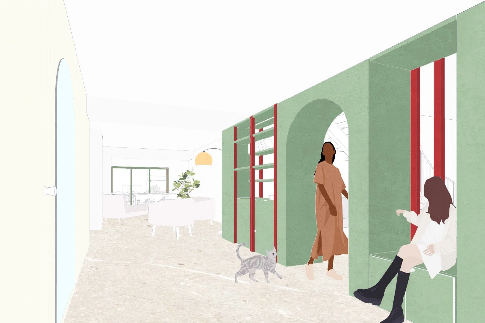 Intérieur d'une maison avec deux femmes, un chat, un canapé blanc, une plante verte et des étagères rouges sur un mur vert.