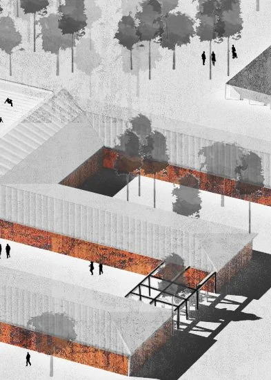 Plan architectural d'une cour intérieure avec des murs en clôture, des arbres, des espaces pavés et des zones de plantation.