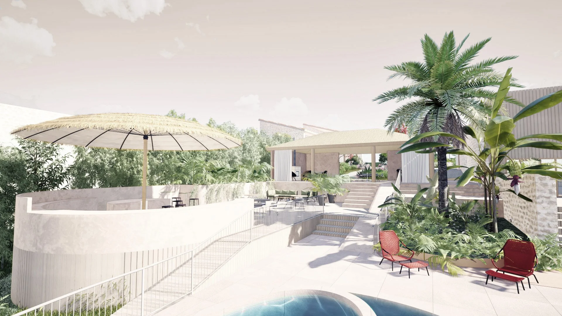 Perspectives d'une terrasse avec piscine, chaises longues, parasol en paille, palmiers et mobilier.