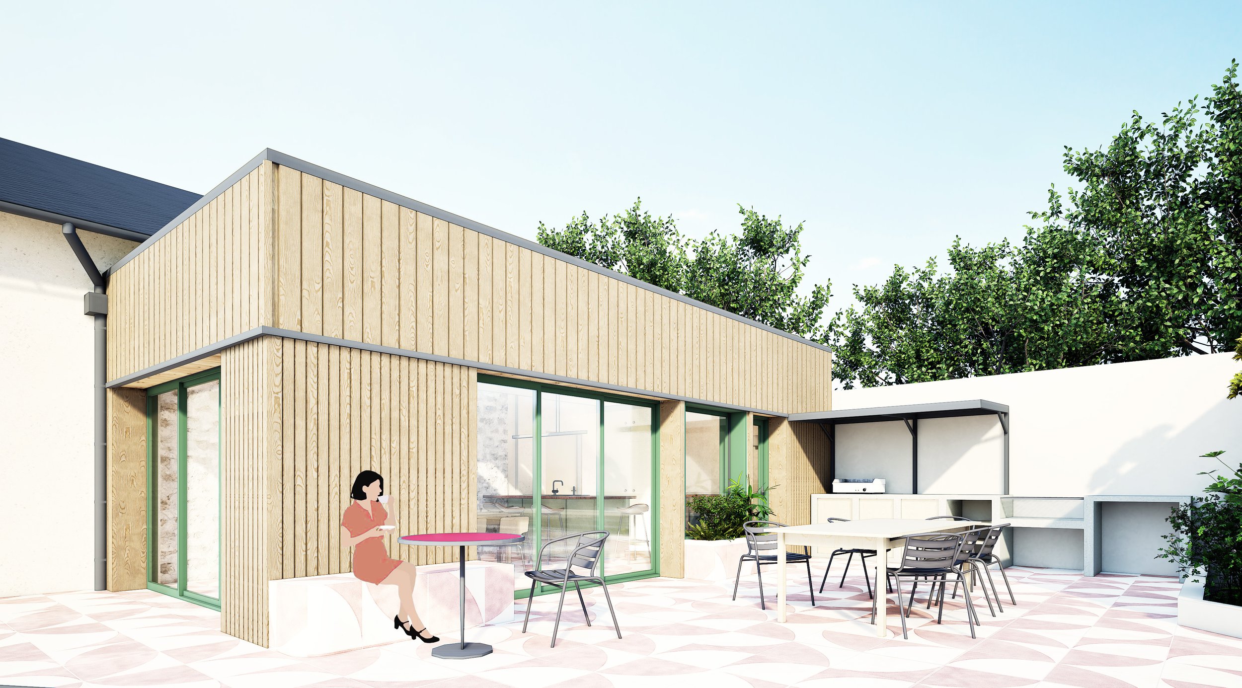 Terrasse extérieure avec une femme assise à une table, mobilier de jardin, cuisine extérieure et éléments en bois et en béton, entourée de végétation.