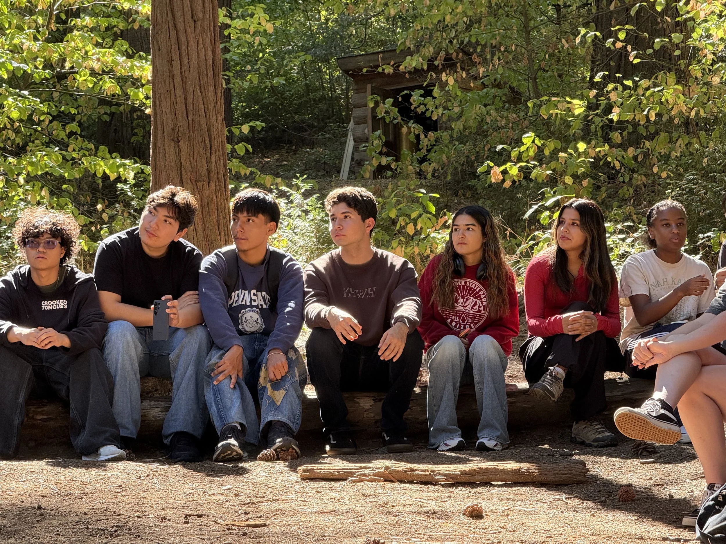 Group of seven young people sitting on a log in a wooded outdoor area.