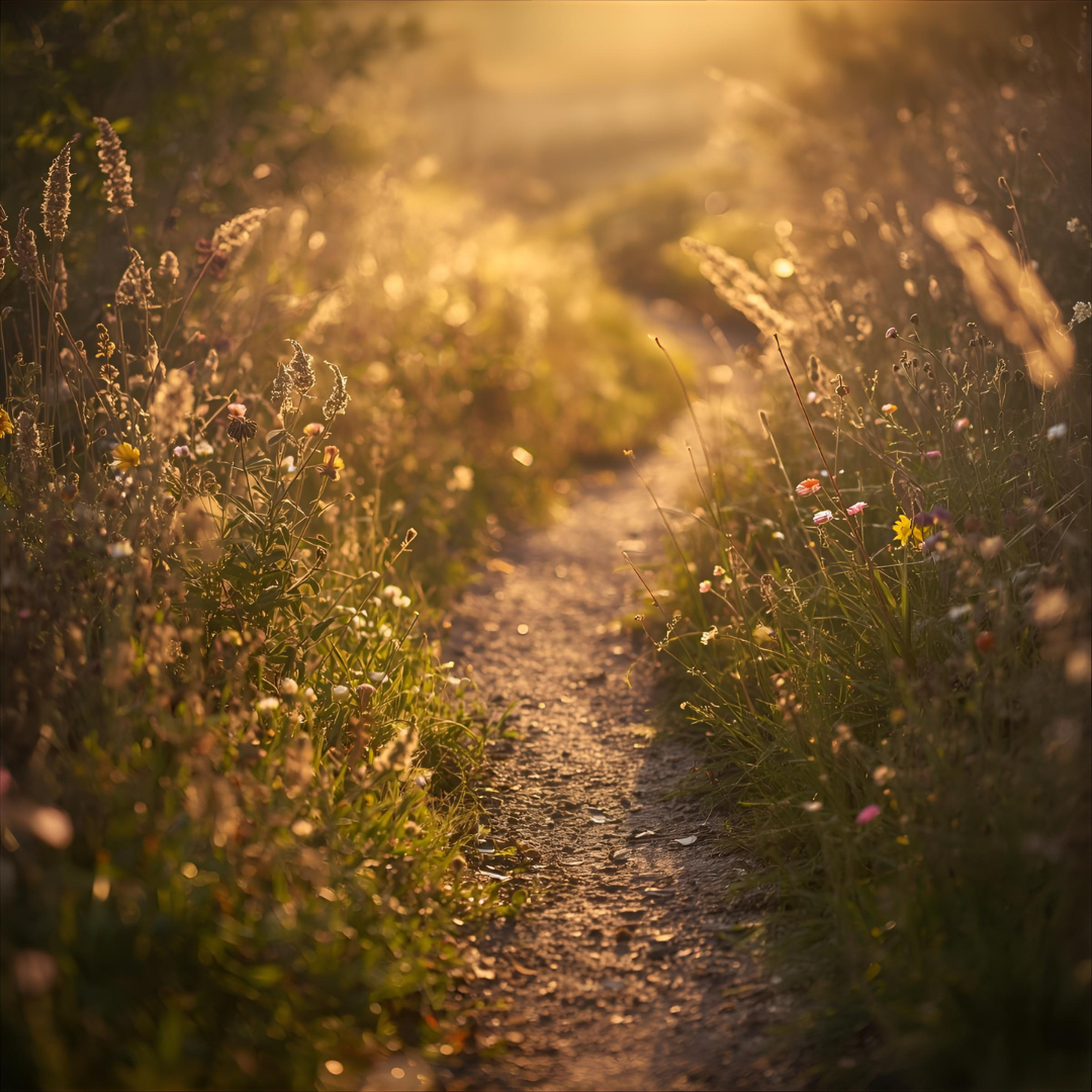 A narrow dirt path surrounded by wildflowers and tall grass, illuminated by warm sunlight at sunset or sunrise.