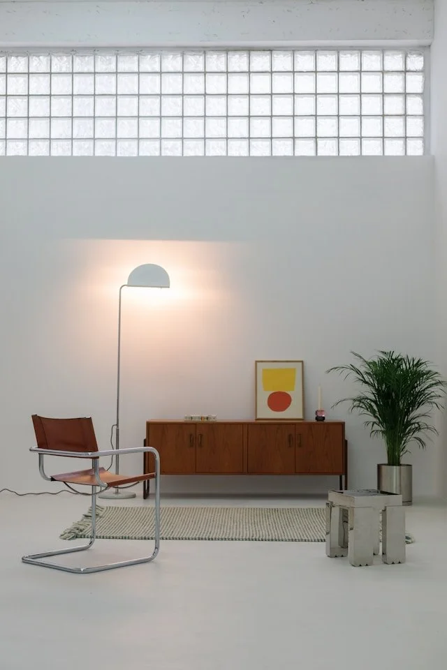 Chic living room layout showing online eDesign concept with colour palette and materials.