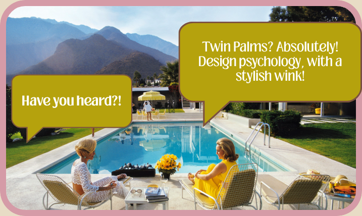 Two women sitting by a swimming pool having a conversation, with mountain scenery in the background. One woman in a white dress, the other in a yellow dress, with a teapot, cups, and a flower arrangement on a small table between them. Speech bubbles showing a chat about twin palms and design psychology.
