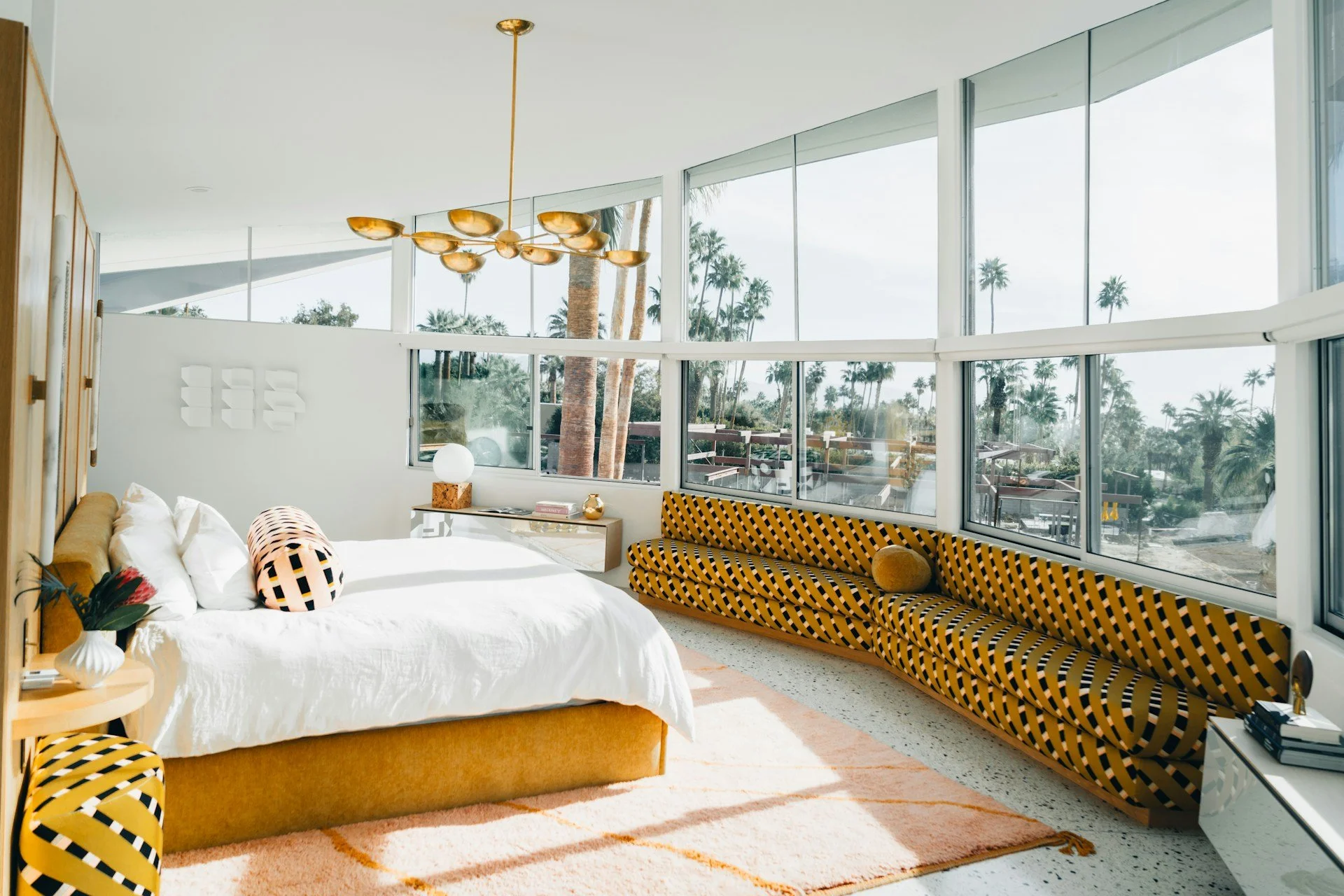 Mid-century modern bedroom, Palm Springs style, bold pattern