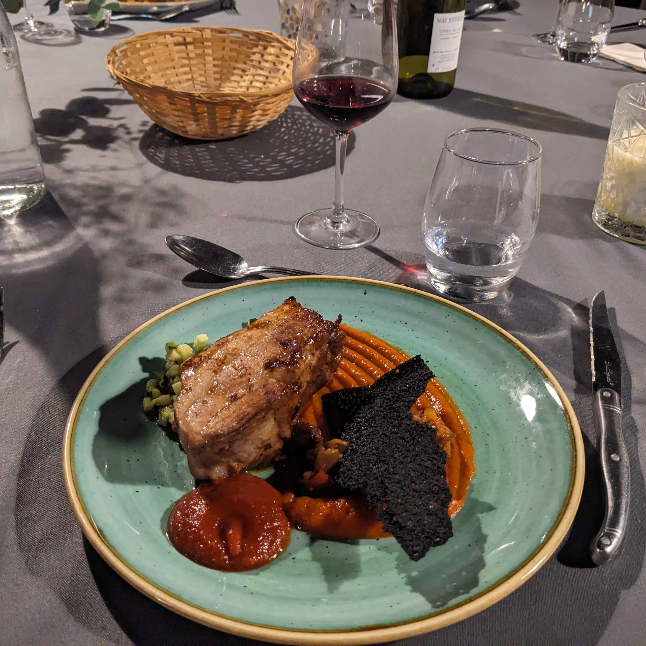 A plated gourmet meal with a piece of roasted meat, black bread, a dollop of tomato sauce, and purée served on a turquoise plate. There is a glass of red wine, a glass of water, and a spoon on a grey tablecloth.