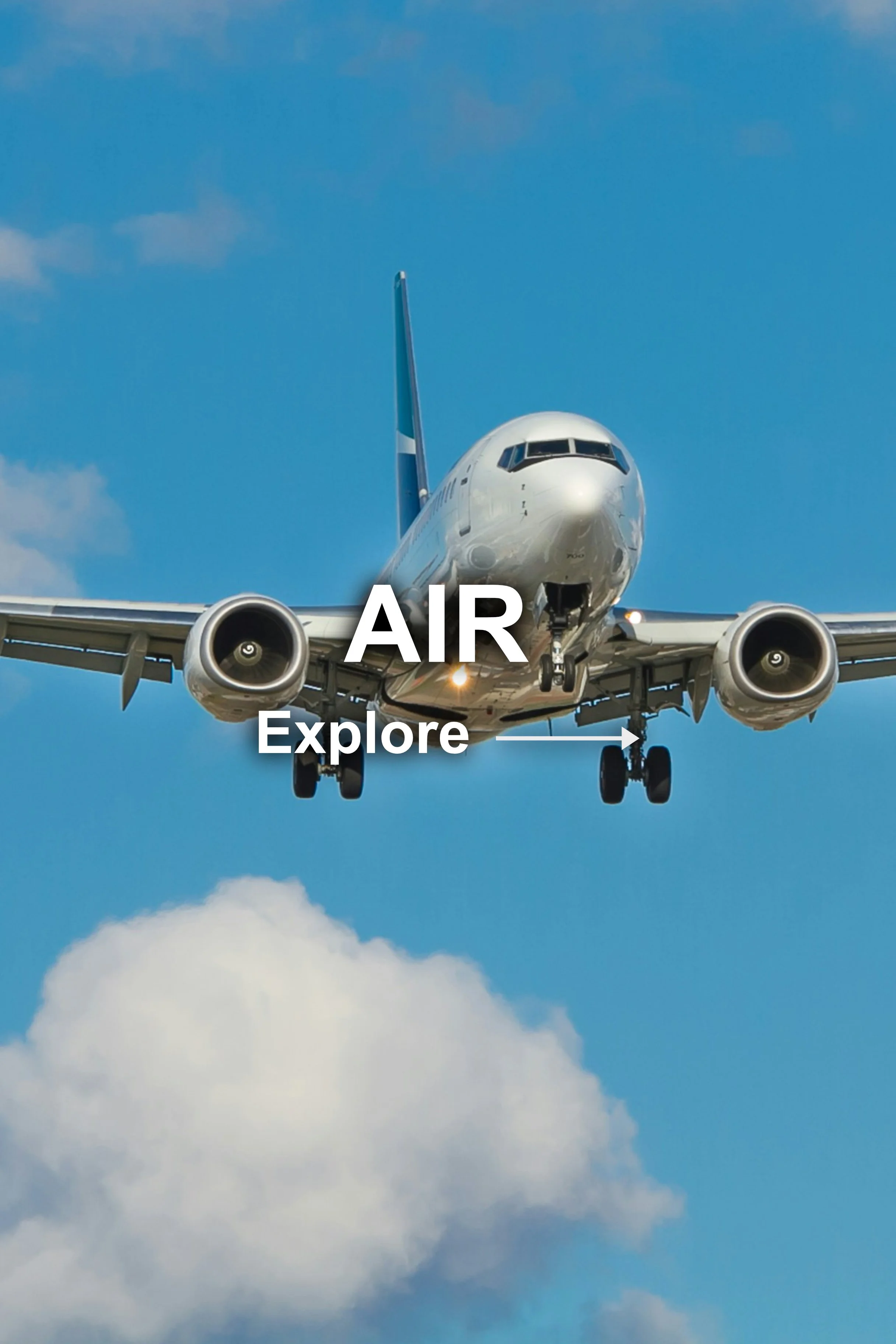 A commercial airplane flying in the sky with blue sky and scattered clouds in the background, with the word 'AIR' and 'Explore' overlaid.
