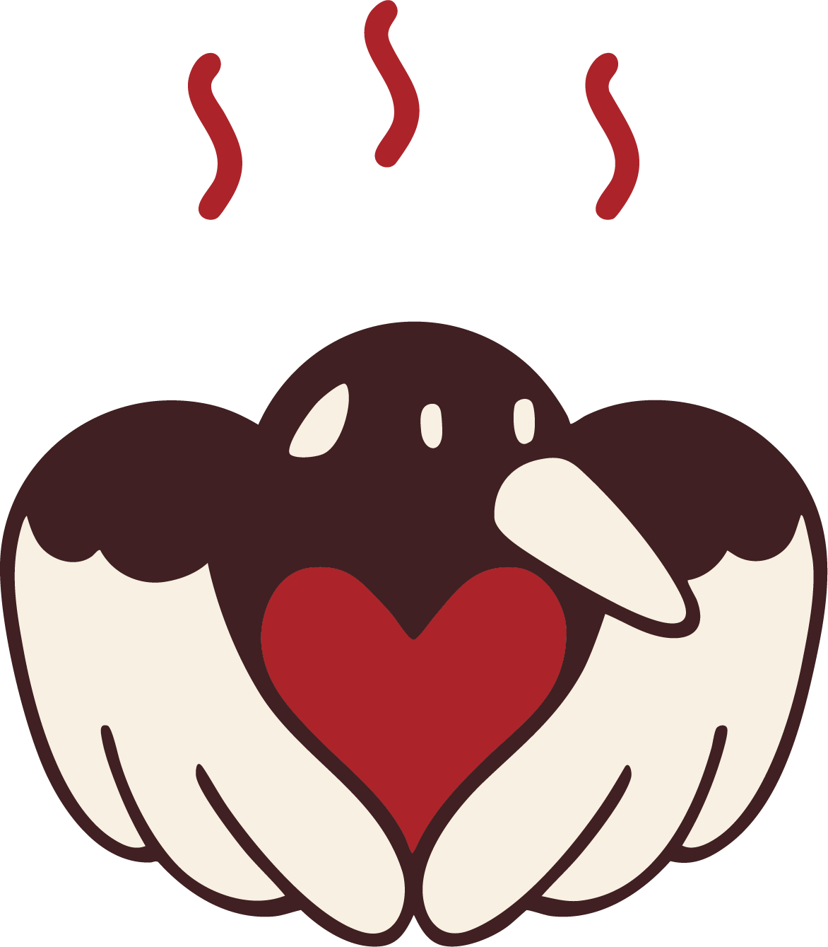 A cartoon bird holding a red heart with its wings, with steam rising above its head.