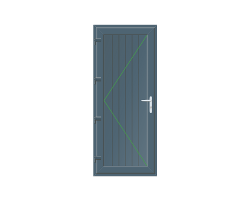 Image of a blue door with a handle and green measurement markings.