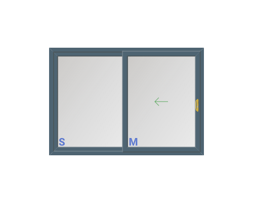 A sliding window with blue frame, partially open, showing the letter 'S' on the left window, 'M' on the right window, and a green arrow pointing left on the right window.