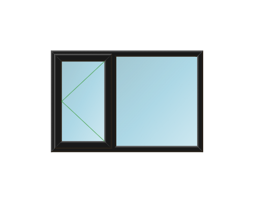 A black-framed picture window with two sections, one smaller tilting open inward and the other larger fixed pane, showing a light blue sky and clouds outside.