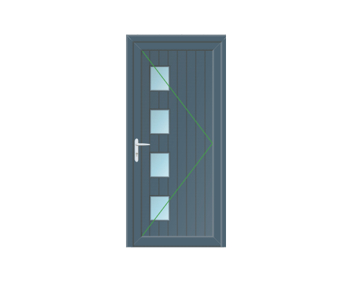 Blue front door with four small windows arranged vertically and a white door handle.