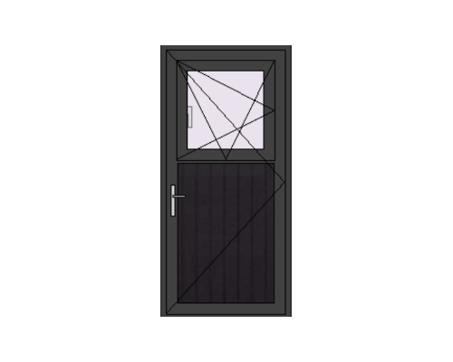 A black door with a window at the top and a handle on the left side.