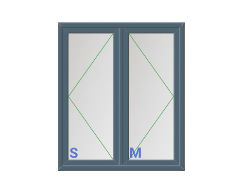A diagram of a sliding window with two panes, labeled S and M, showing the inside and outside view.