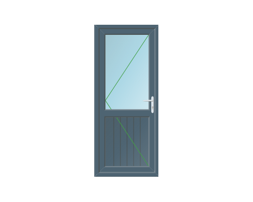A blue door with a large glass window and a silver handle, with two green lines drawn across the glass.