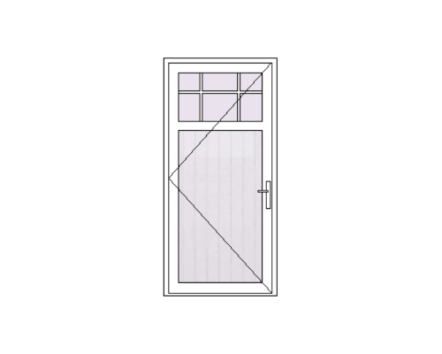 Illustration of a house door with a window above it, showing a simple design with a handle on the right side.