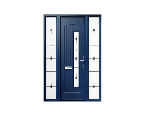 Blue front door with glass panels on each side.