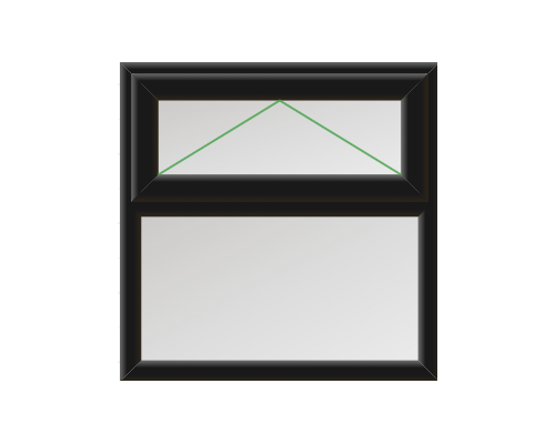 A black window frame with a pull-down window shade at the top and a mirror at the bottom.