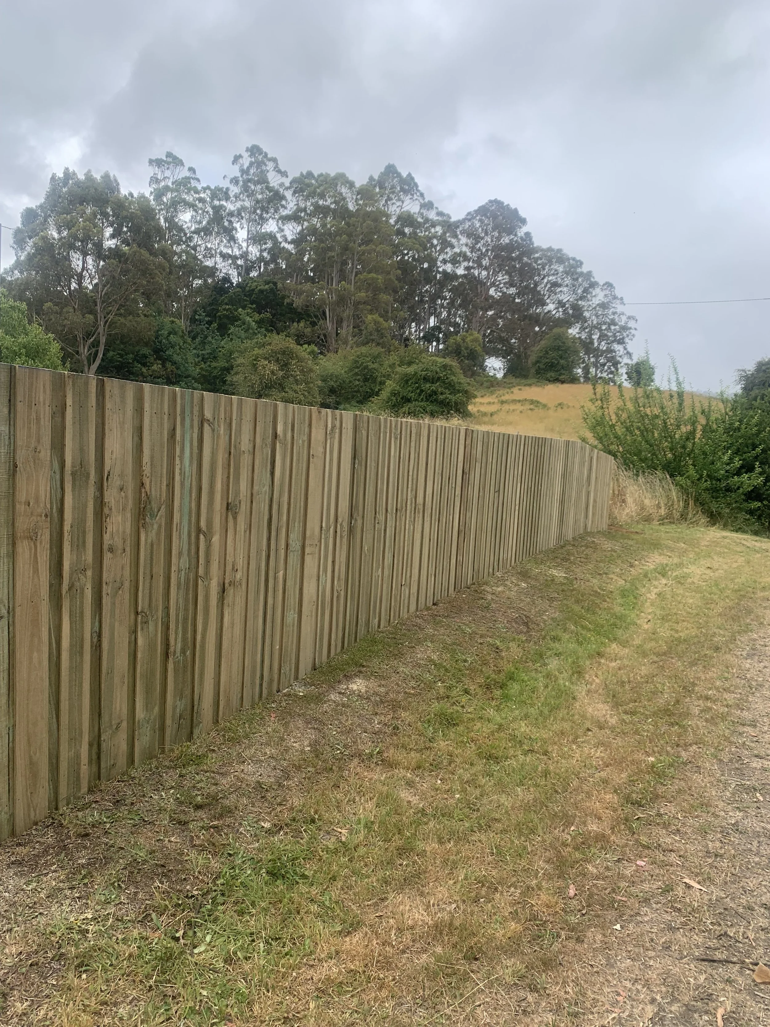Wooden fence along a grassy area with trees and clouds in the background.