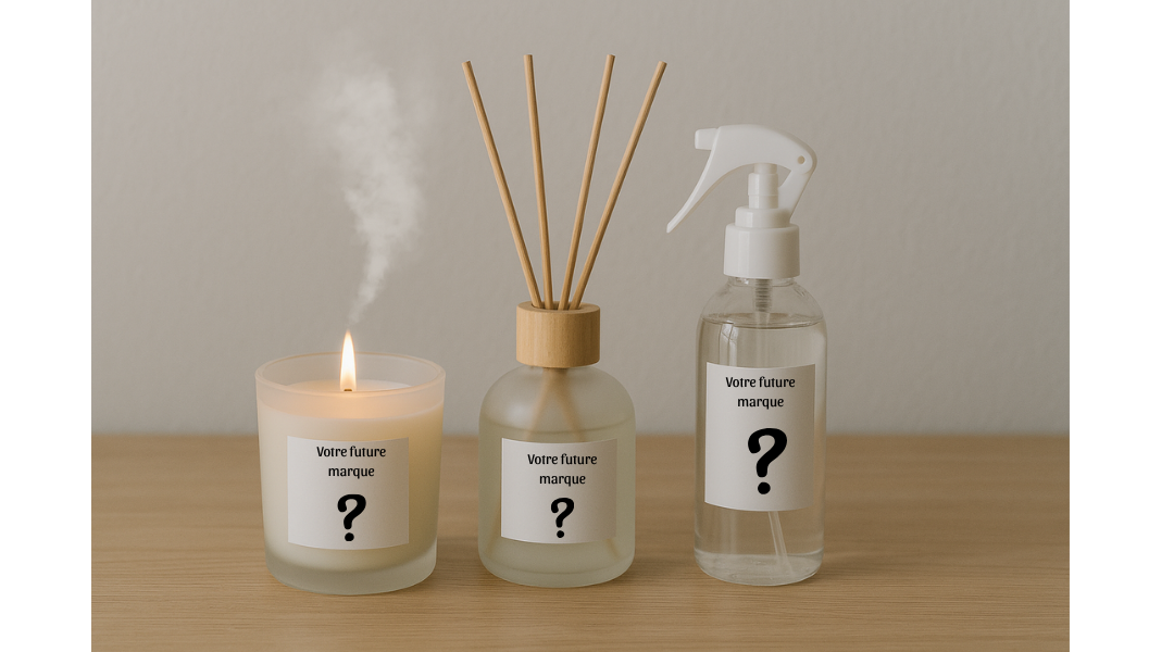 Une bougie parfumée qui brûle, un diffuseur d'huiles essentielles avec des bâtons, et un spray vide, tous avec des étiquettes blanches portant la même question en français, "Votre future marque ?"
