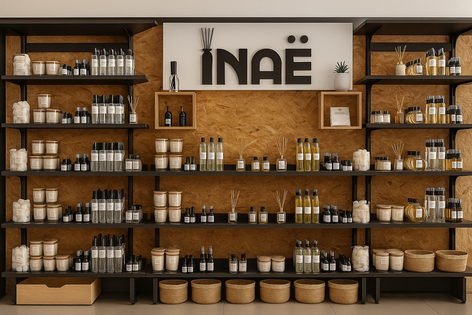 Étagères noires remplies de produits de soins et de décoration dans une boutique nommée INAÉ.