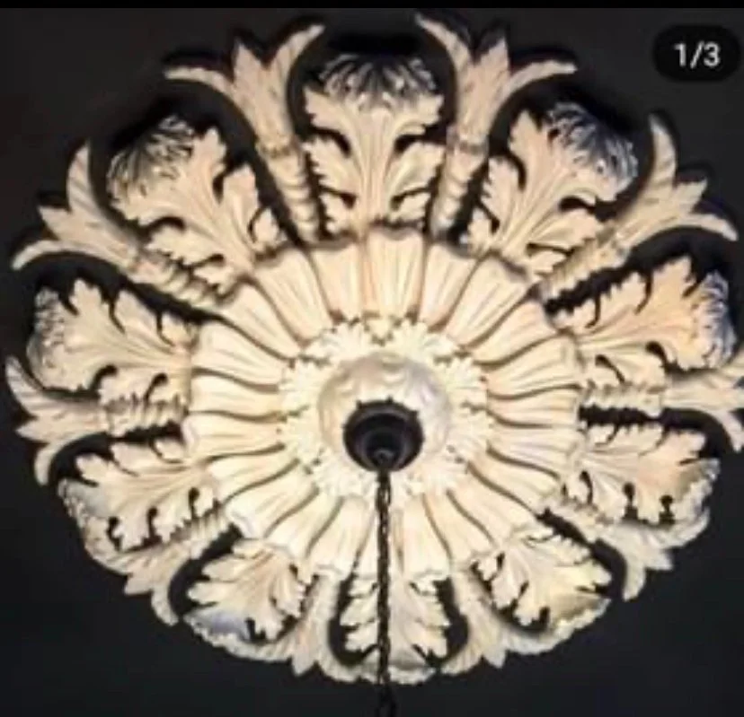 Ornate ceiling medallion with intricate patterns in cream and black, centered around a hanging chain or light fixture attachment.