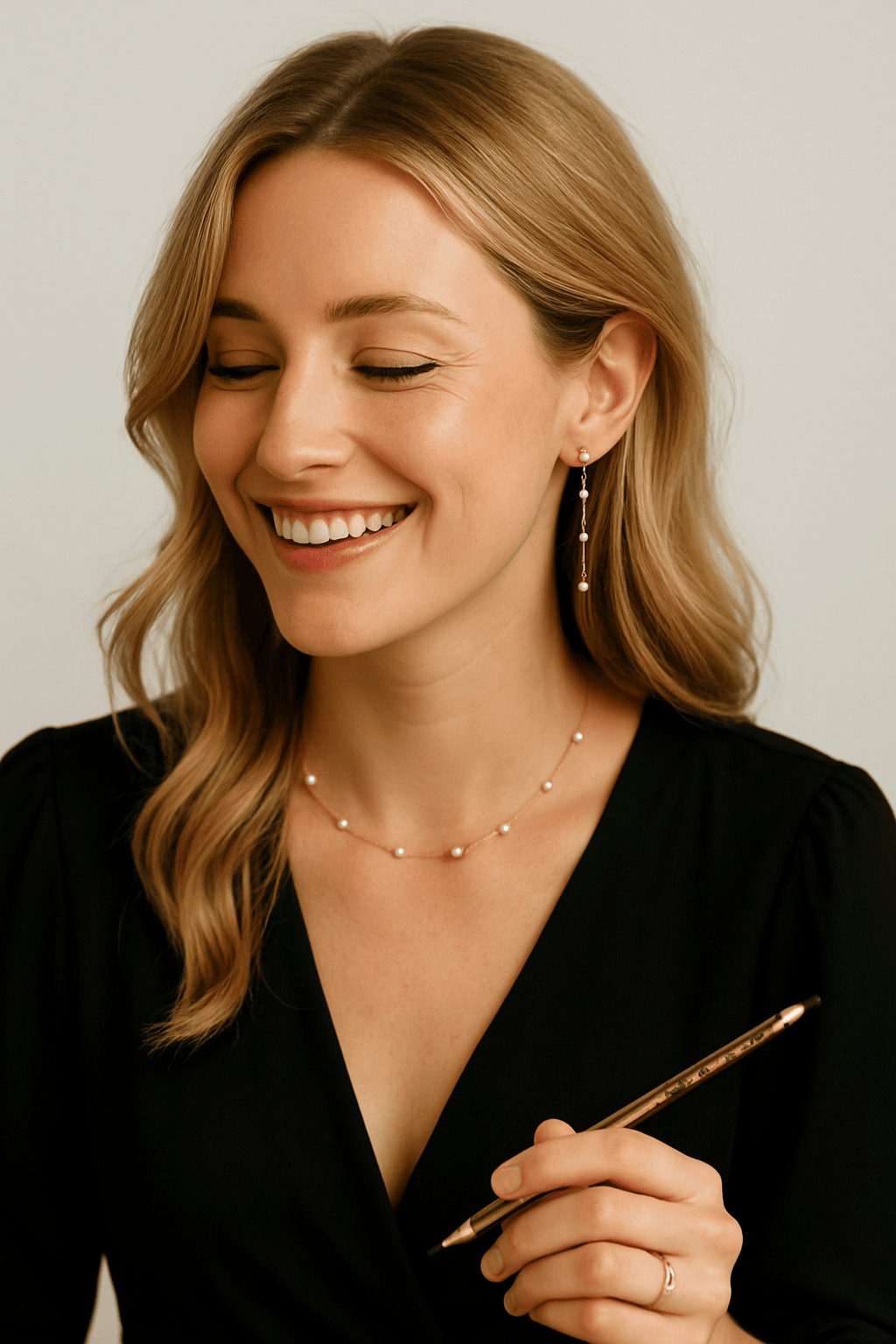A smiling woman with blonde hair, wearing pearl earrings and a matching necklace, dressed in a black top, holding a pen.