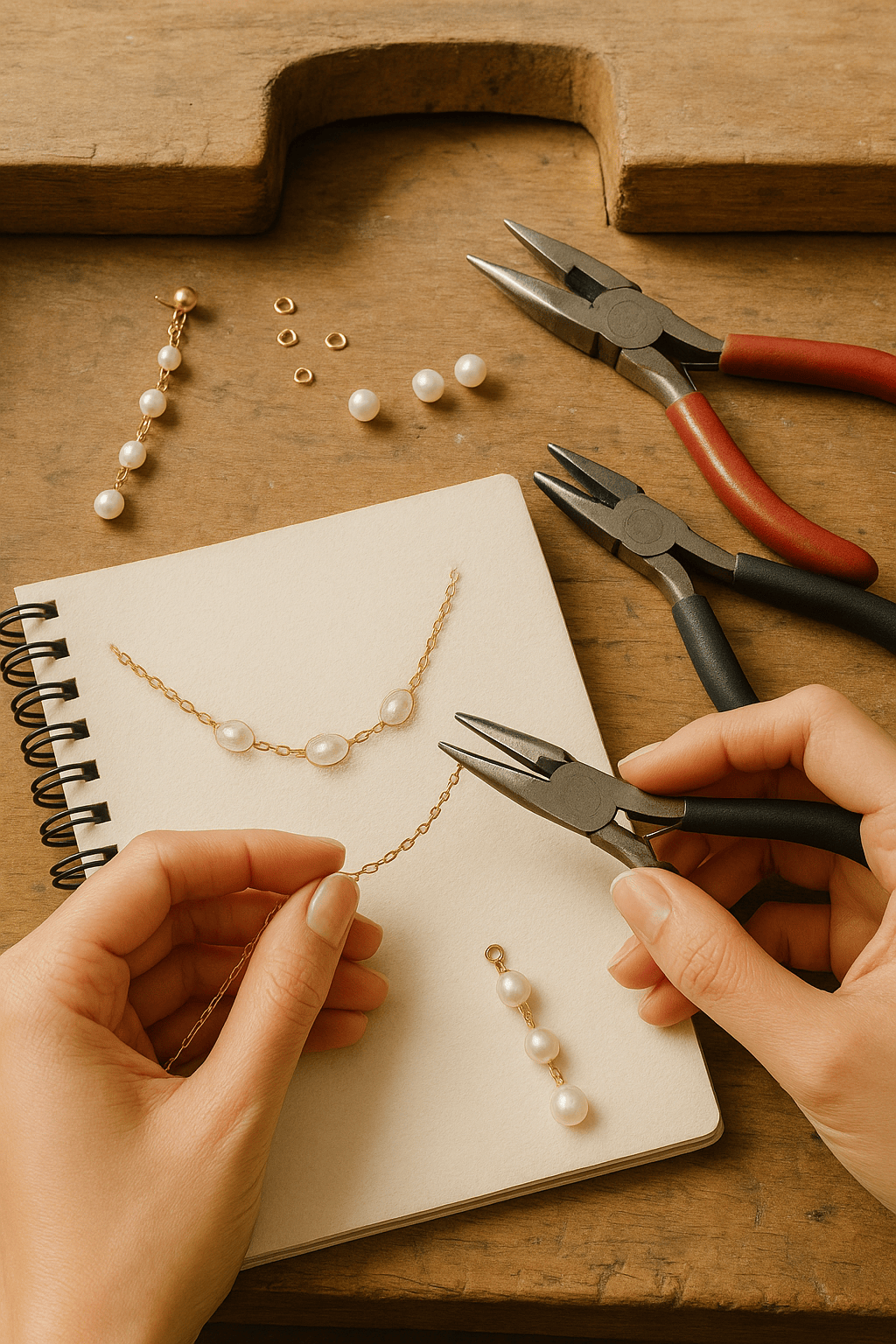 Hands repairing pearl jewelry with jewelry pliers on a wooden workbench, with jewelry tools, pearl earrings, and a notebook.