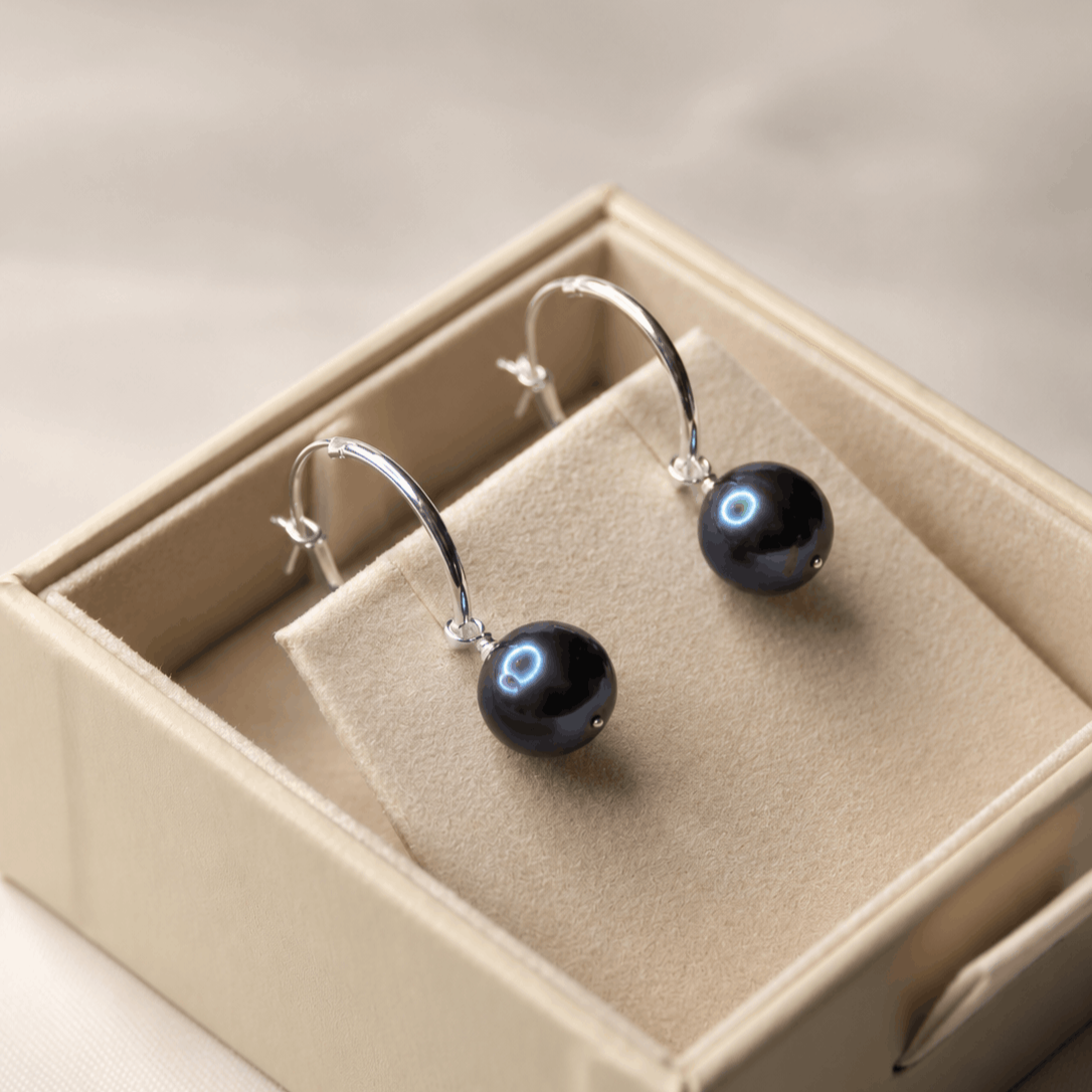 peacock pearl hoop earrings, freshwater pearl hoops, pearl hoop earrings, blue pearl earrings, gold pearl hoops, silver pearl hoops, luxury pearl earrings, peacock pearl jewellery