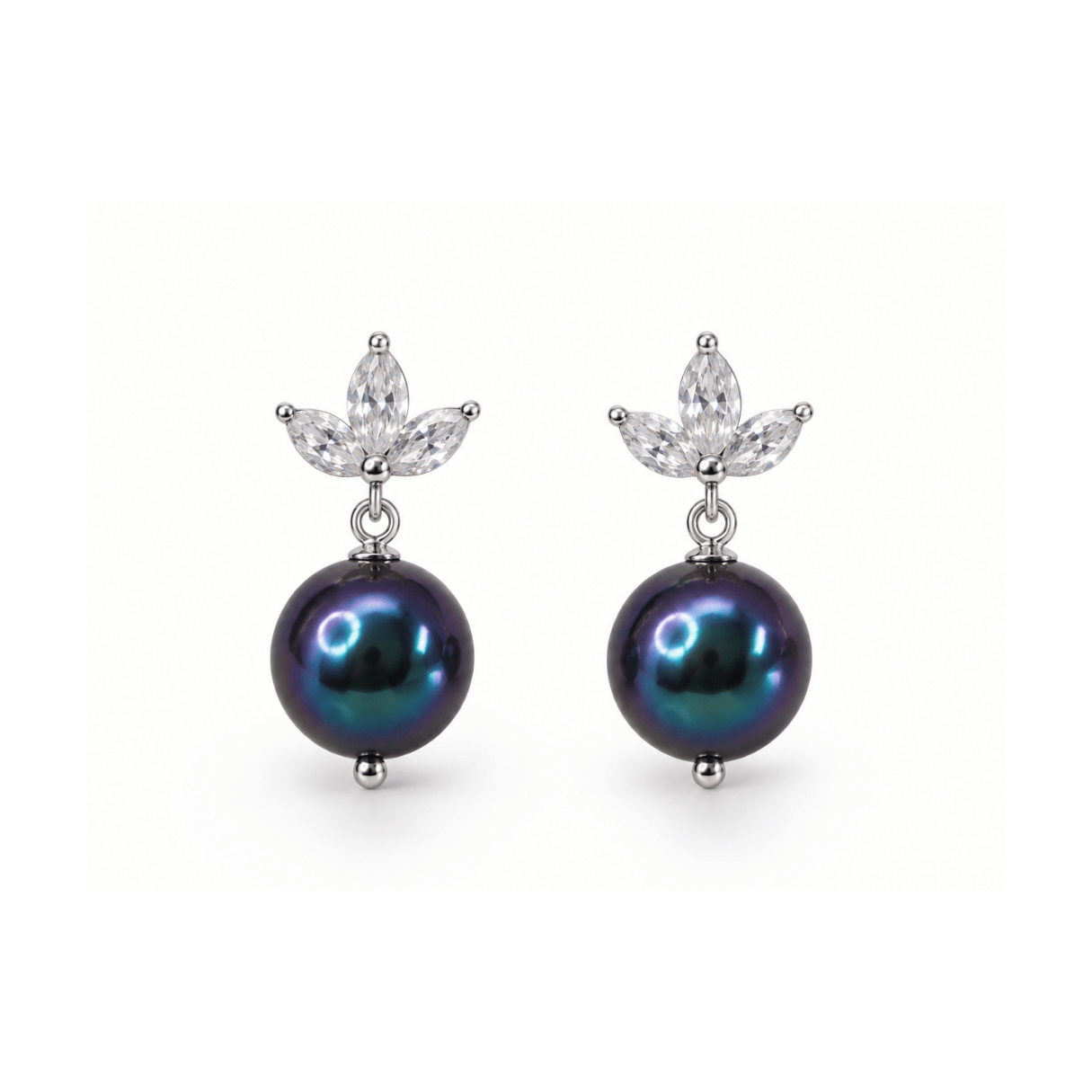 peacock pearl earrings, freshwater pearl earrings, pearl drop earrings, cubic zirconia pearl earrings, blue pearl earrings, luxury pearl jewellery, gold pearl earrings, silver pearl earrings