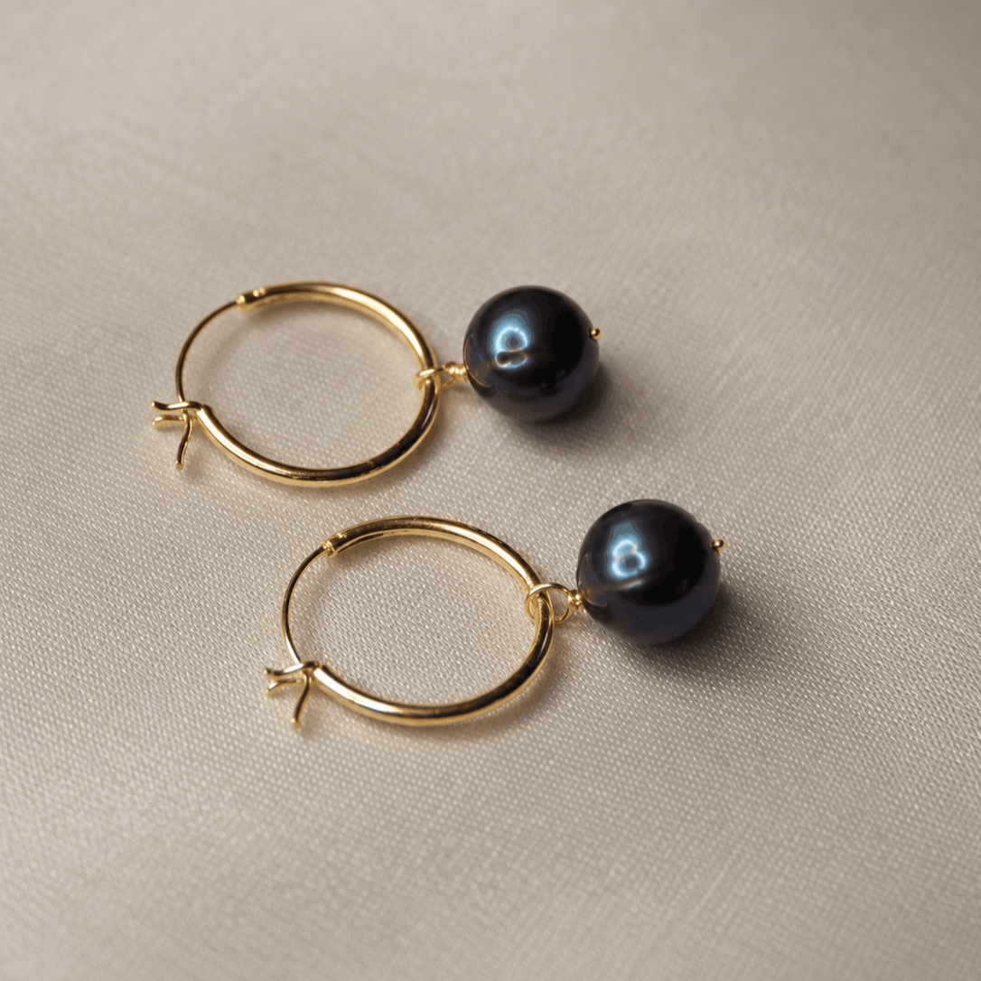 peacock pearl hoop earrings, freshwater pearl hoops, pearl hoop earrings, blue pearl earrings, gold pearl hoops, silver pearl hoops, luxury pearl earrings, peacock pearl jewellery
