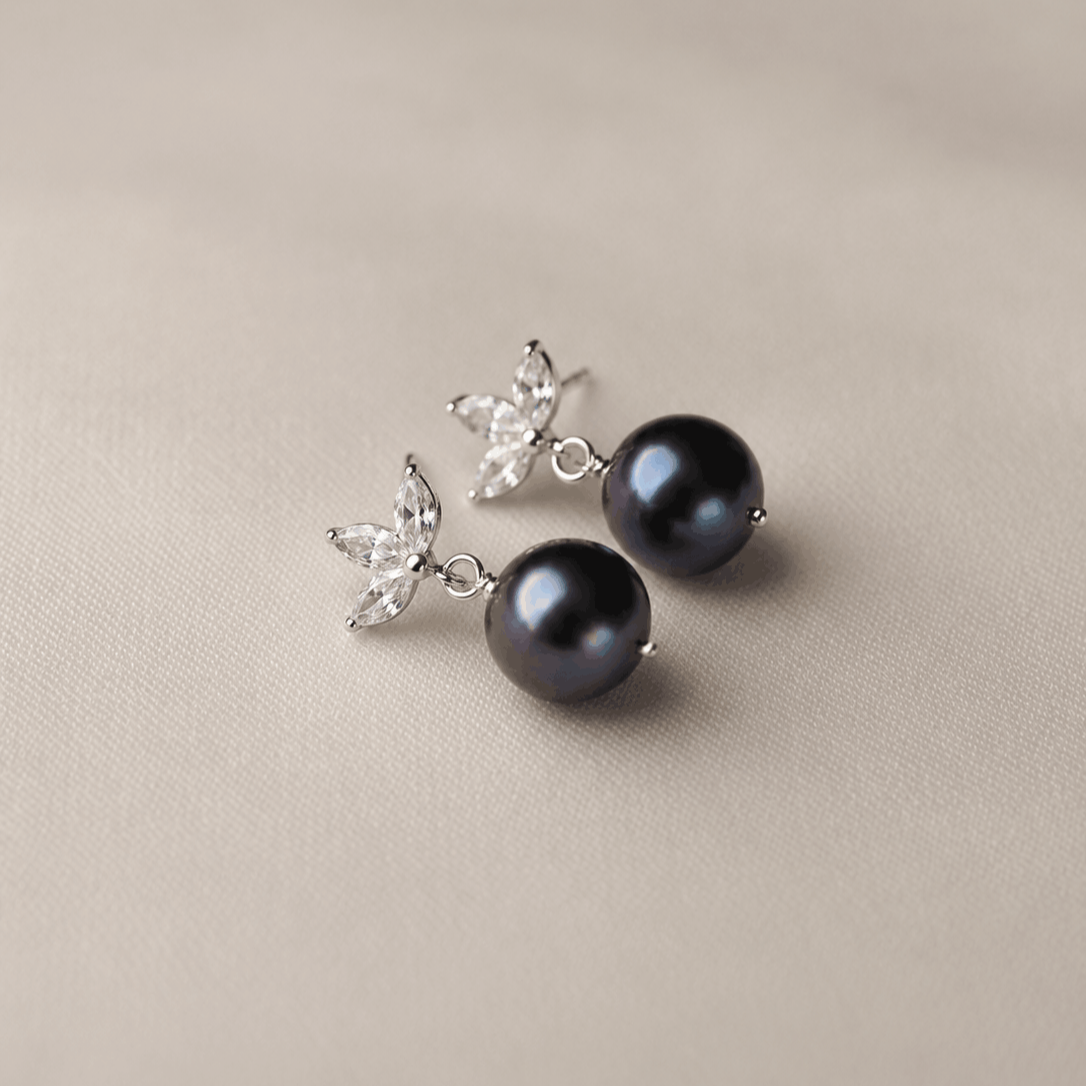 peacock pearl earrings, freshwater pearl earrings, pearl drop earrings, cubic zirconia pearl earrings, blue pearl earrings, luxury pearl jewellery, gold pearl earrings, silver pearl earrings