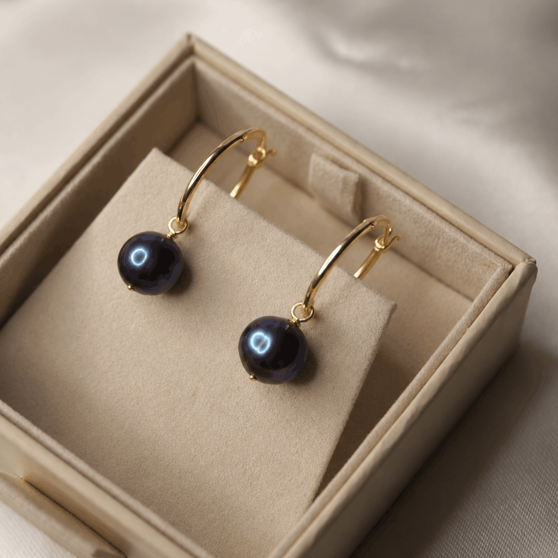 peacock pearl hoop earrings, freshwater pearl hoops, pearl hoop earrings, blue pearl earrings, gold pearl hoops, silver pearl hoops, luxury pearl earrings, peacock pearl jewellery