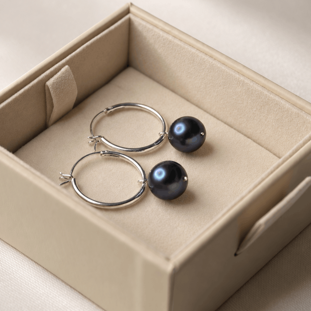 peacock pearl hoop earrings, freshwater pearl hoops, pearl hoop earrings, blue pearl earrings, gold pearl hoops, silver pearl hoops, luxury pearl earrings, peacock pearl jewellery