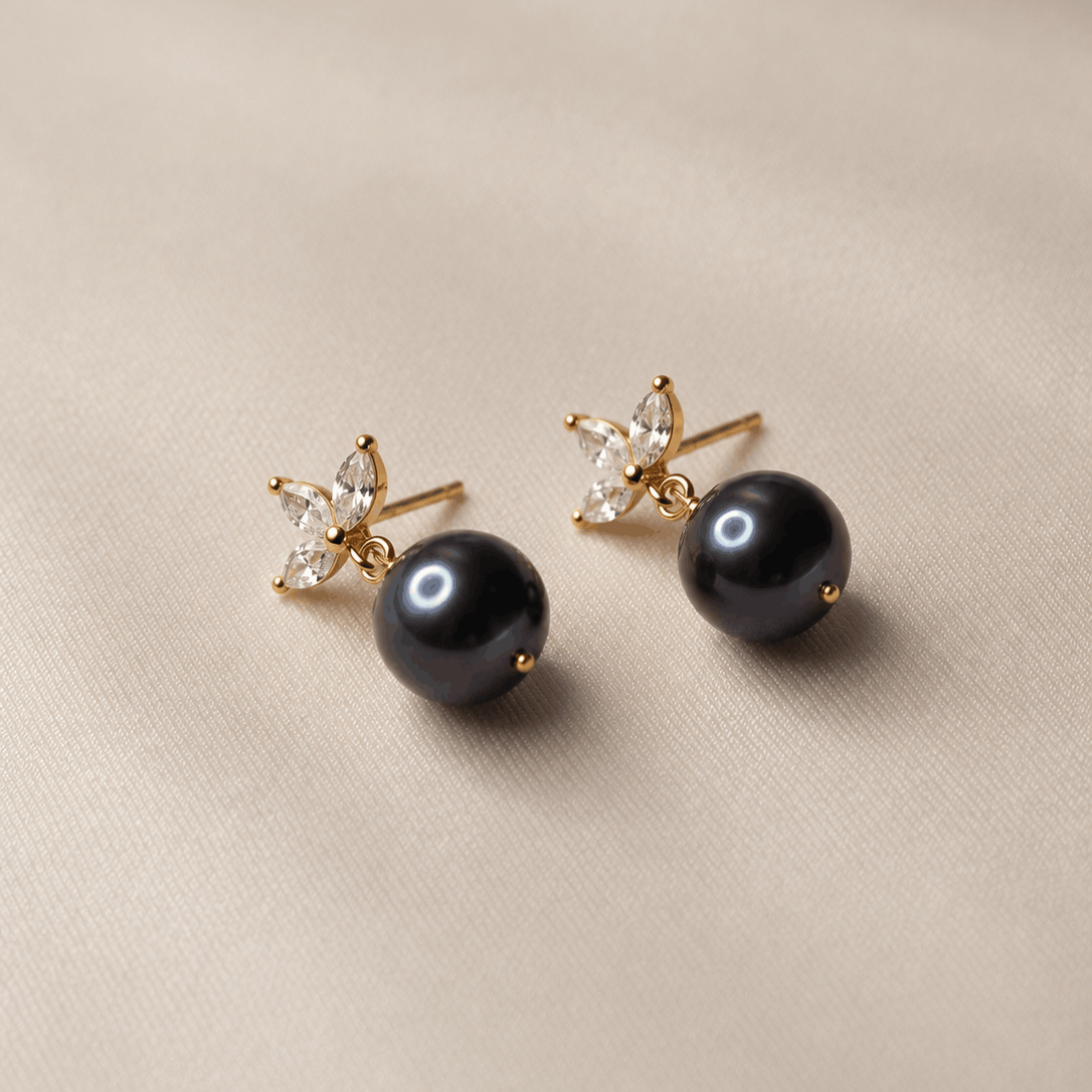 peacock pearl earrings, freshwater pearl earrings, pearl drop earrings, cubic zirconia pearl earrings, blue pearl earrings, luxury pearl jewellery, gold pearl earrings, silver pearl earrings