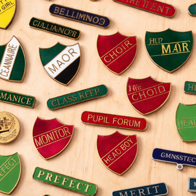 Collection of colorful badges with words related to choir, church, and school roles on a light wooden surface.