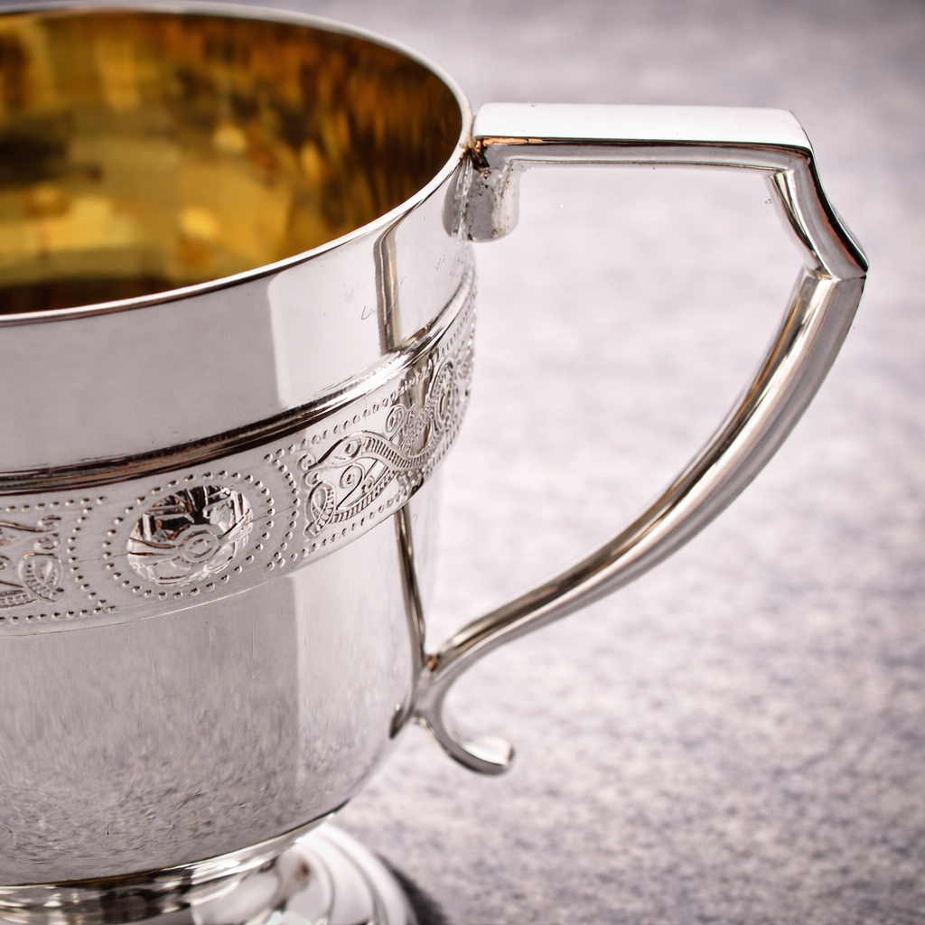 Close-up of a silver trophy cup with intricate engraved details and a handle, placed on a gray surface.