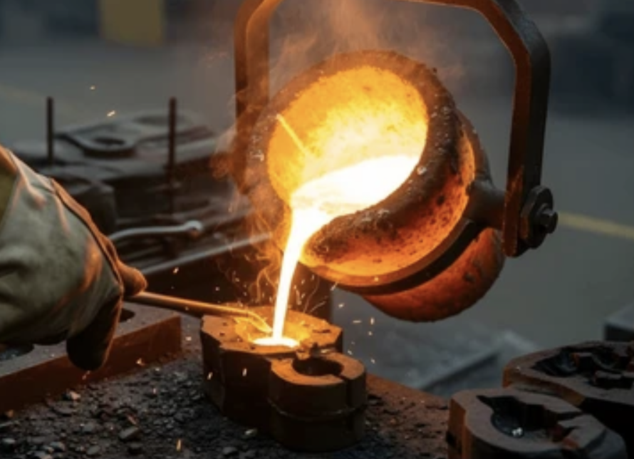 A person wearing gloves pouring molten metal from a crucible into a mold during metal casting process.