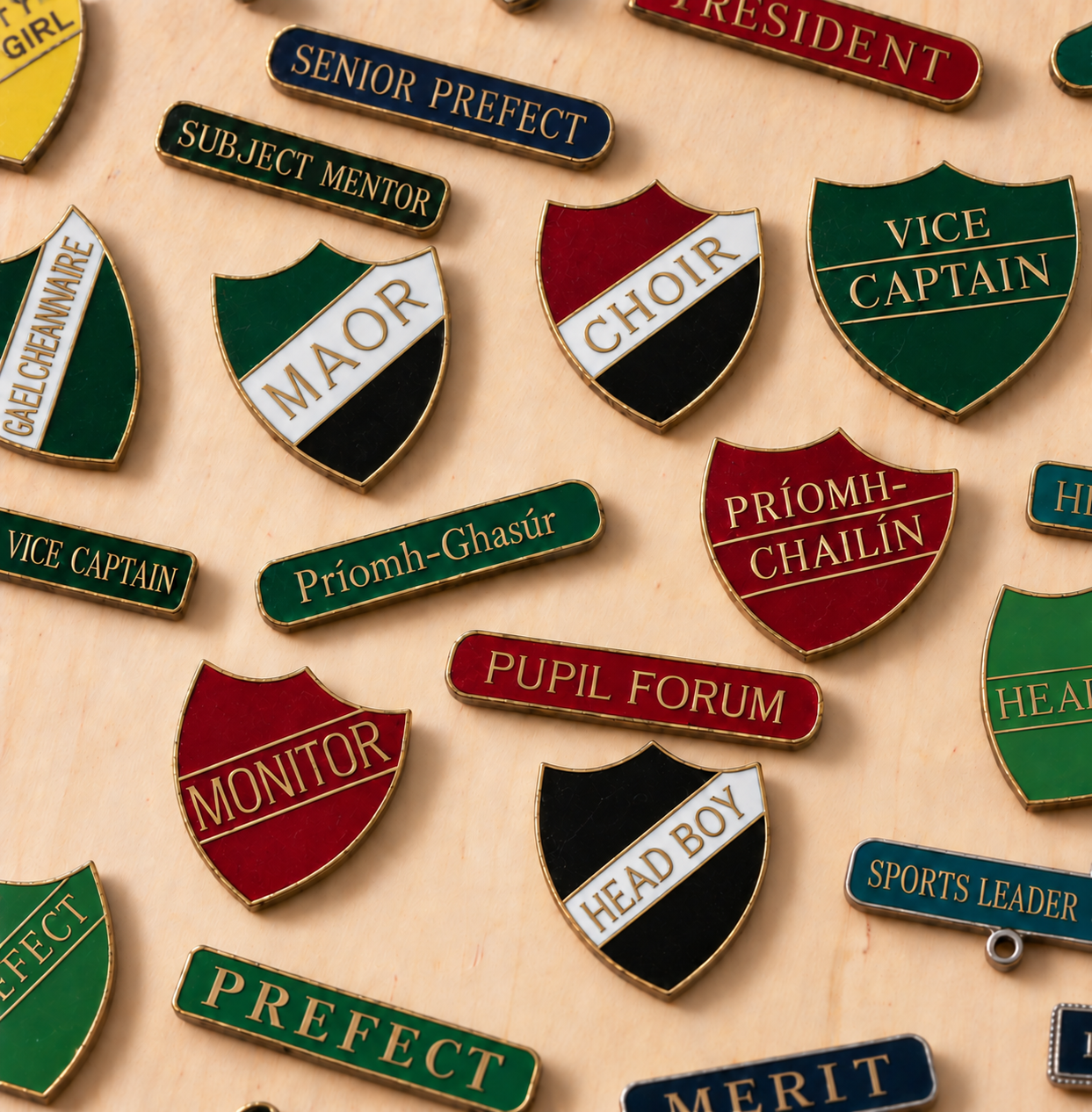 Collection of colourful bespoke badges with words related to choir, church, and school roles on a light wooden surface.