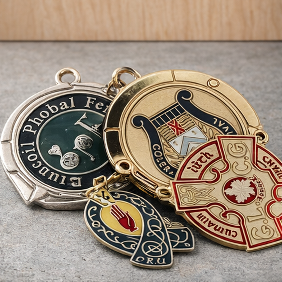 Collection of decorative metal medals, including a silver one with the text 'British Civil Phobal Feil' and a green emblem, a gold one with a crest featuring a red cross and shield, and another gold medal with a red and white design and the word 'SCOT' on it, lying on a gray surface.