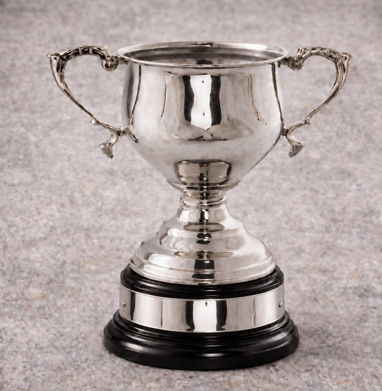 Silver trophy cup with ornate handles on a black base, placed on a gray, textured surface.