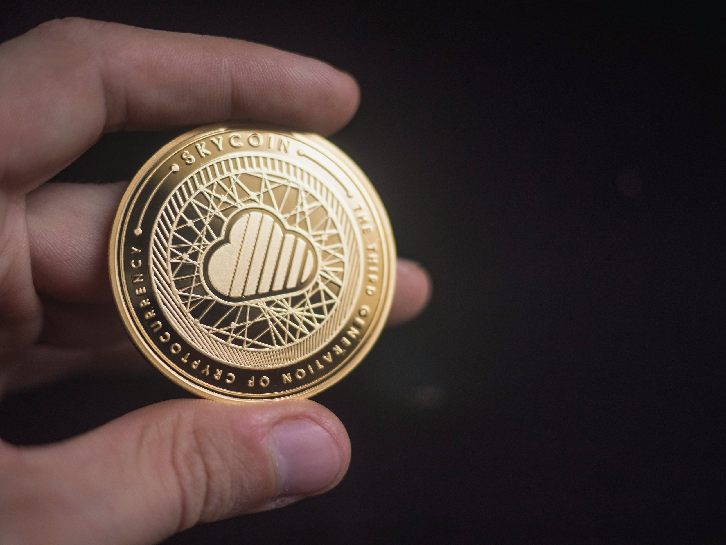 A hand holding a gold coin engraved with a cloud and blockchain design, with the words 'Skycoin' and 'The Future of Decentralization of Cryptocurrency' around the edge.