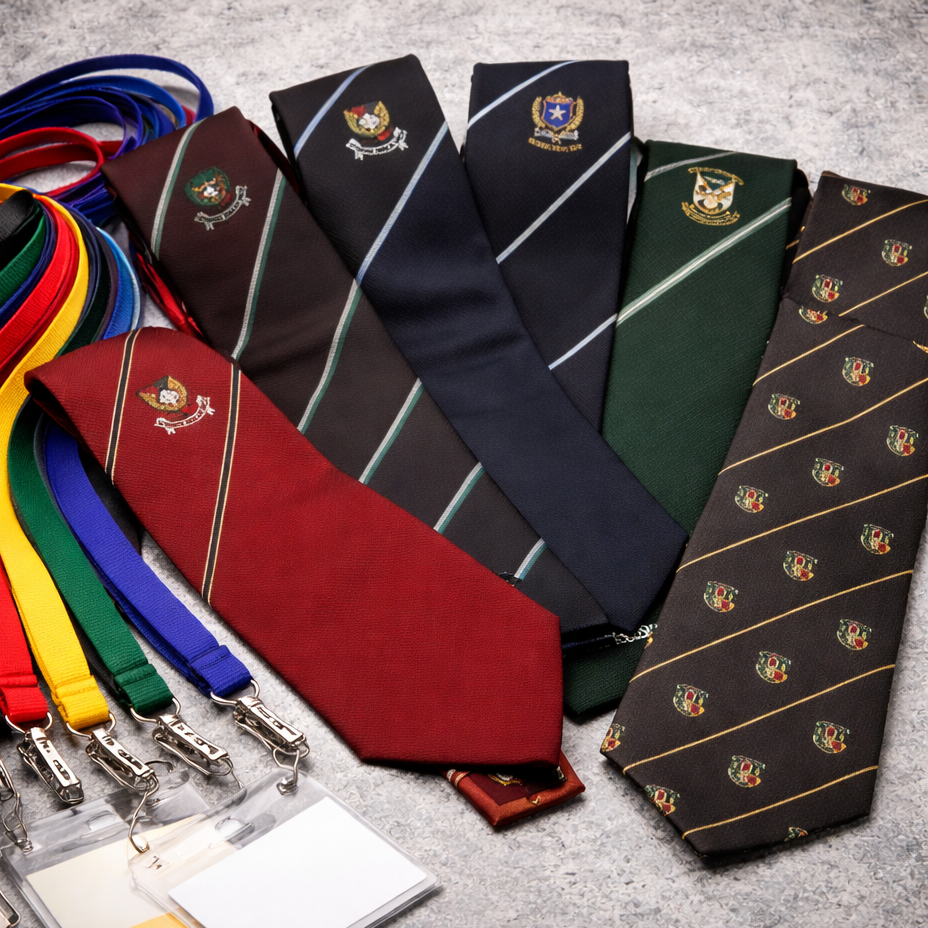 A collection of neckties in various colors and patterns, along with colorful lanyards with clips and name badge holders.
