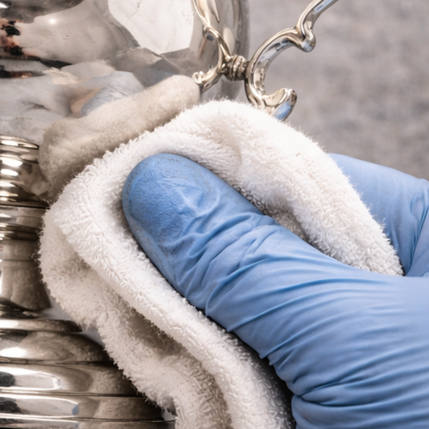 A person wearing blue gloves cleaning a silver trophy with a white cloth.