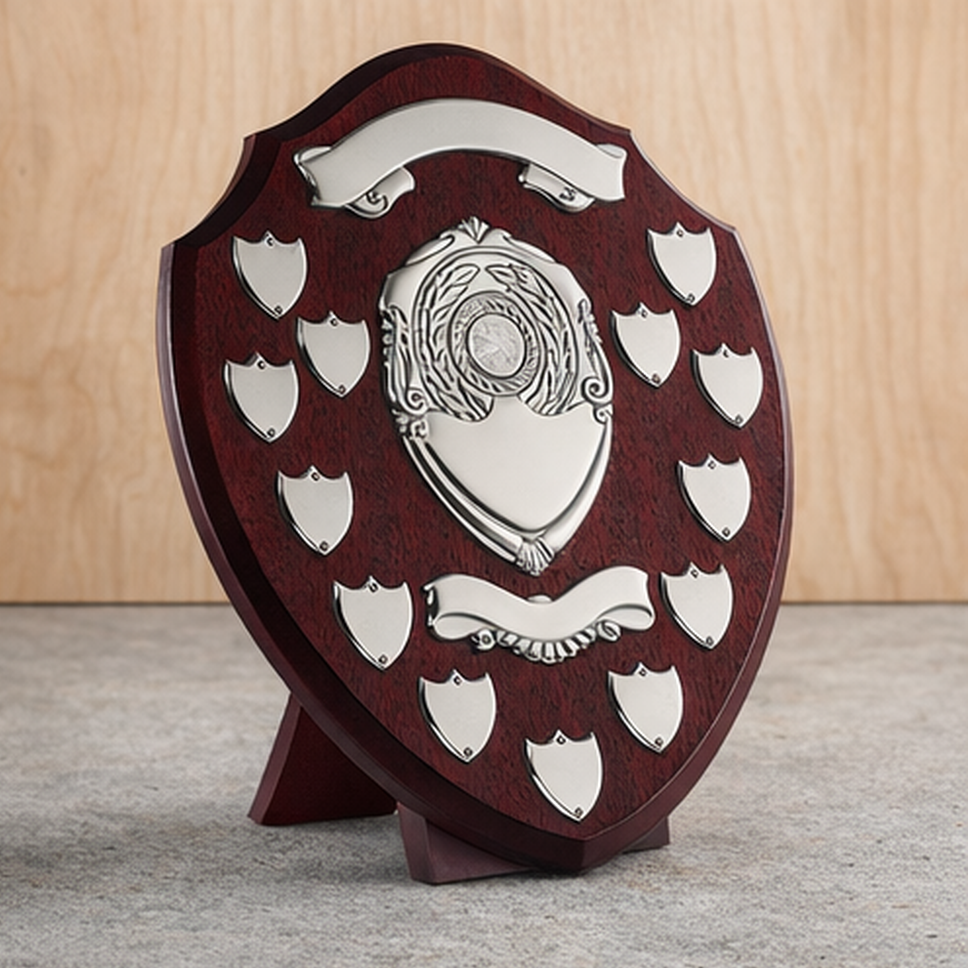 A wooden shield-shaped trophy with a metallic emblem and multiple smaller metallic shields around it, placed on a beige surface against a wooden background.